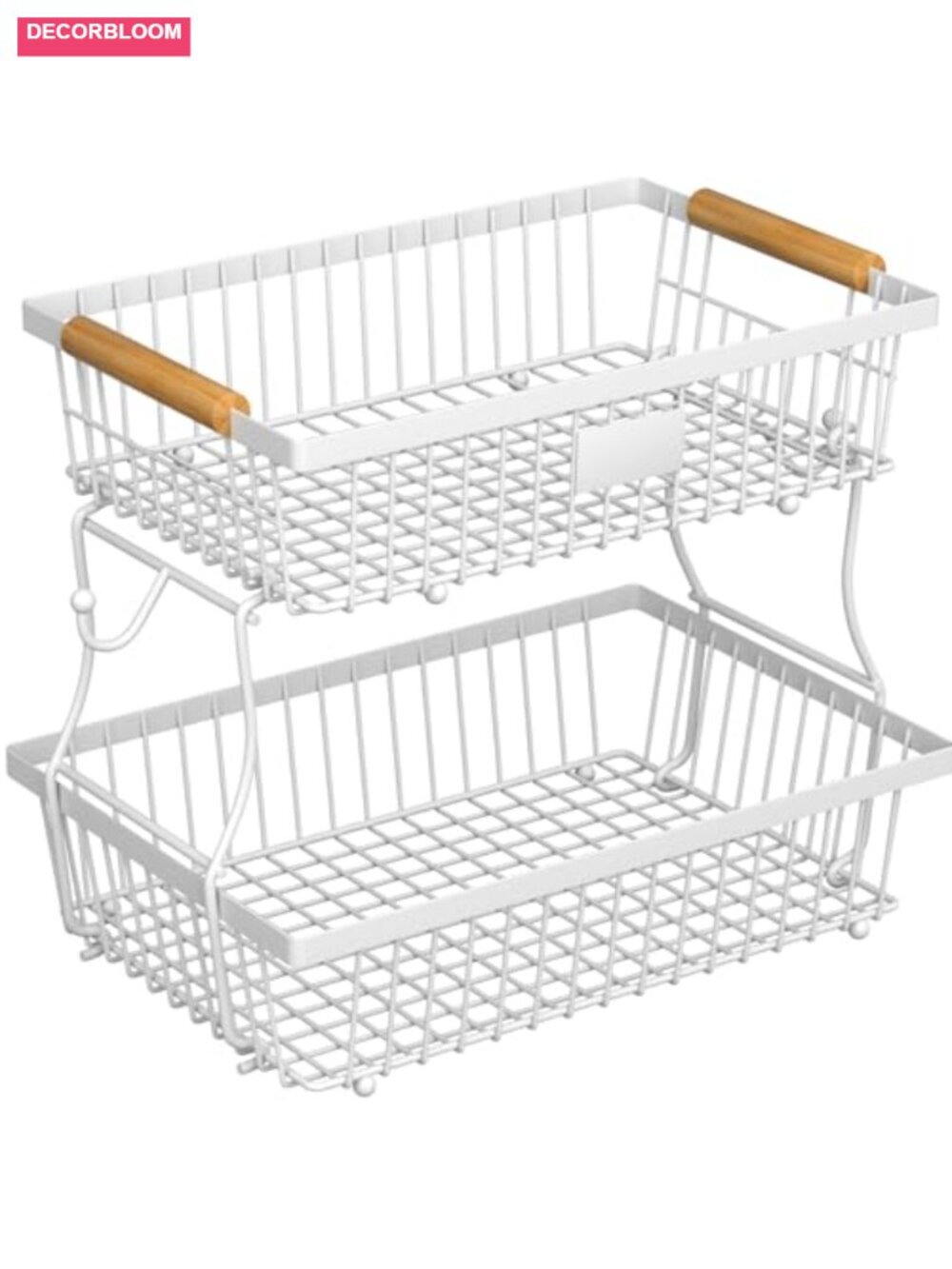 2-Tier Fruit Basket Kitchen Counter Metal Bread Basket Wooden Handle